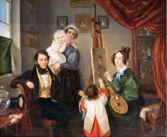 Anselm Salomon de Rothschild avec sa famille - par Charlotte Nathan Rothschild, son pouse - 1838 - On peut voir une partie de la collection de Anselm Salomon von Rothschild derrire elle